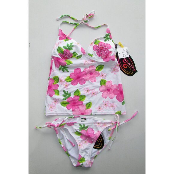 99 Degress Pink Floral Beaded Tankini - Sz S - NEW - Picture 2 of 10